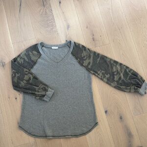 First Love Gray and Camo Sleeve V-Neck Shirt